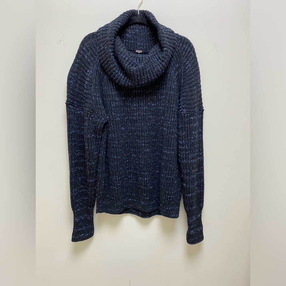 Free People NWT Cable Knit Cowl Neck Sweater Black Specked XS